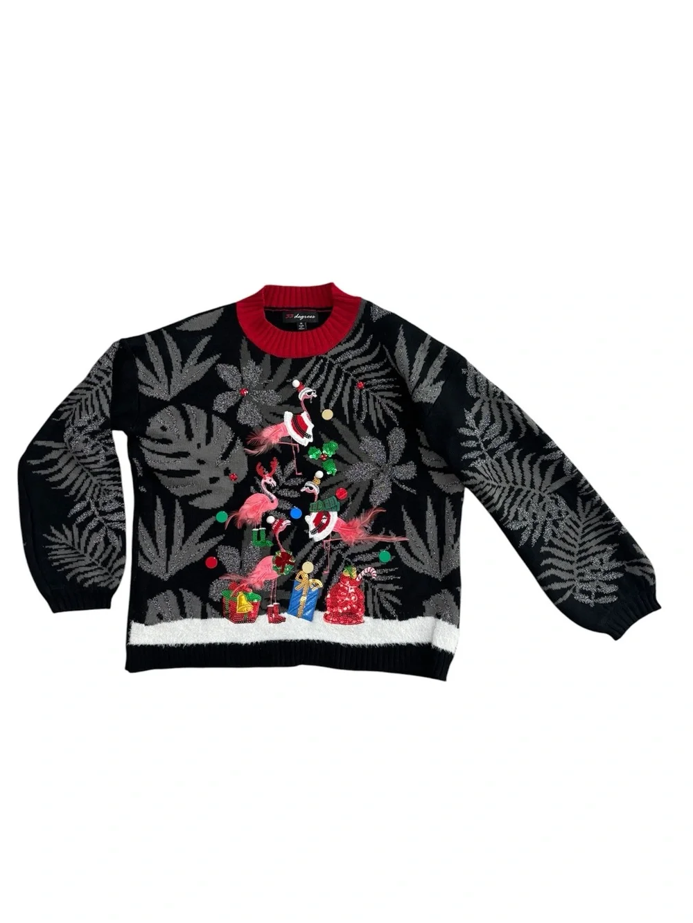 33 Degrees Ugly Christmas Sweater Tropical Flamingos Black Gray